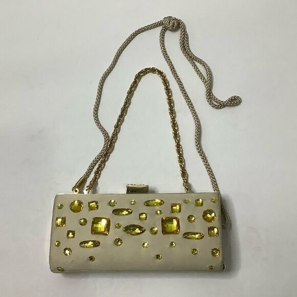 Kate Landry Gold Jeweled Clutch Satin Gold RN 58909 Two Chain Handles - Picture 2 of 14